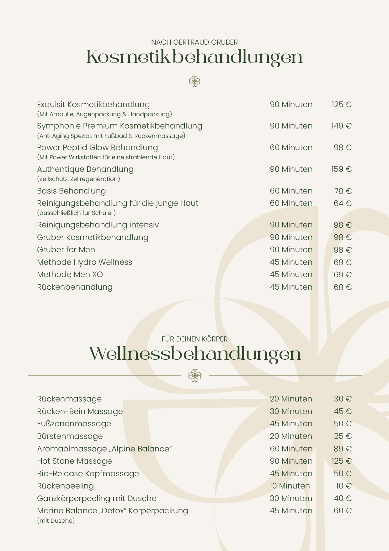 Preisliste Kosmetikbehandlungen und Wellnessbehandlungen