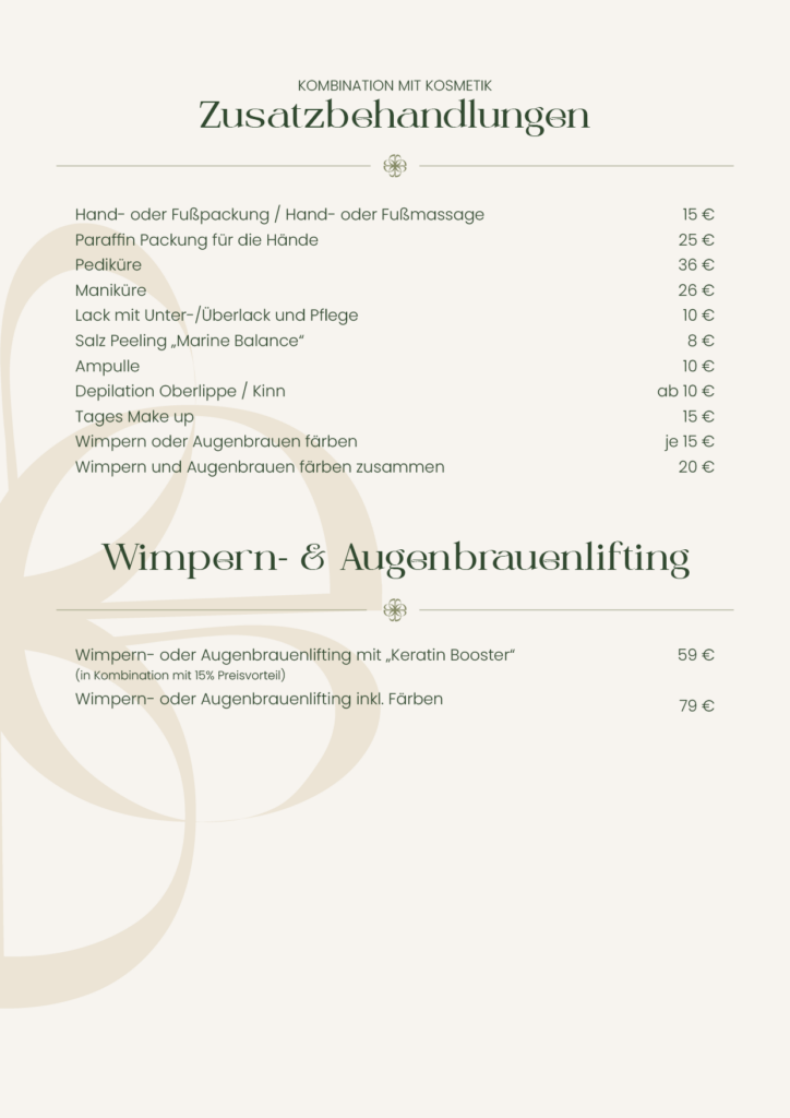 Preisliste Zusatzbehandlungen
