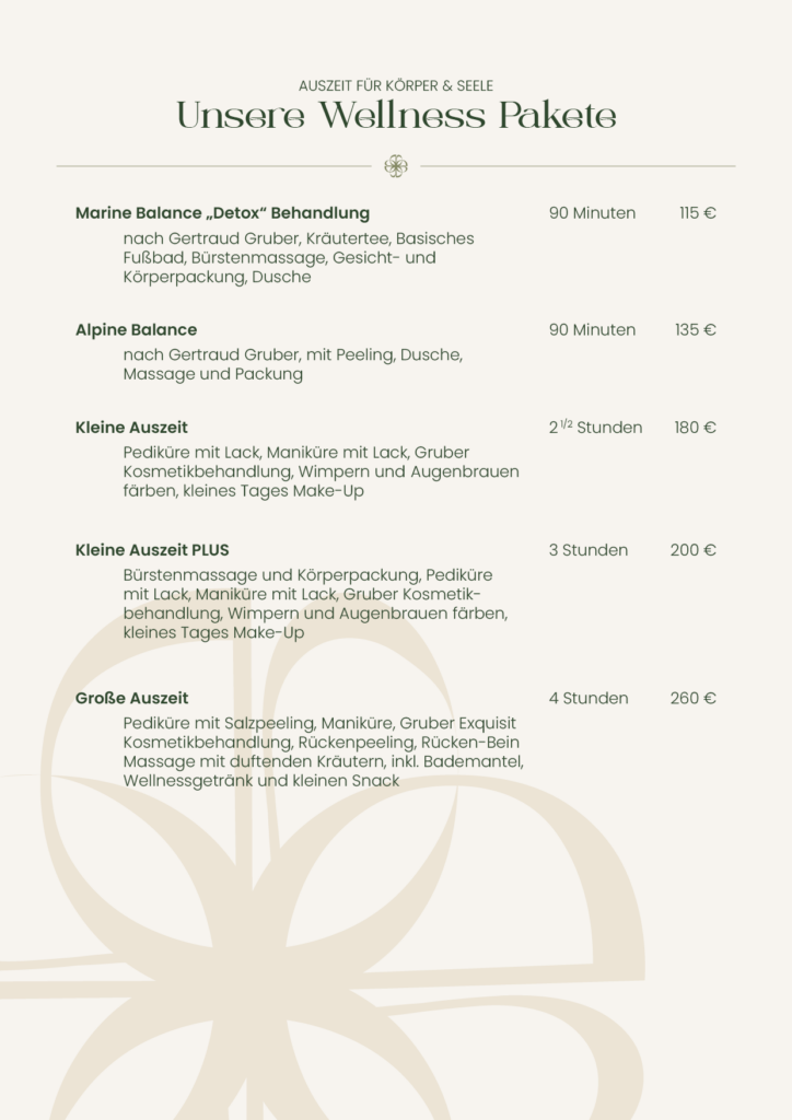 Preisliste Wellness Pakete